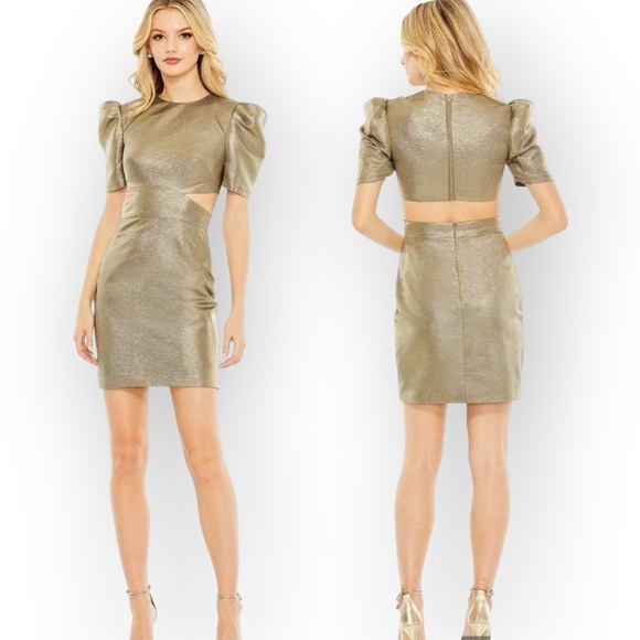 Ieena for Mac Duggal Metallic Puff Sleeve Cutout Mini Dress Size 10